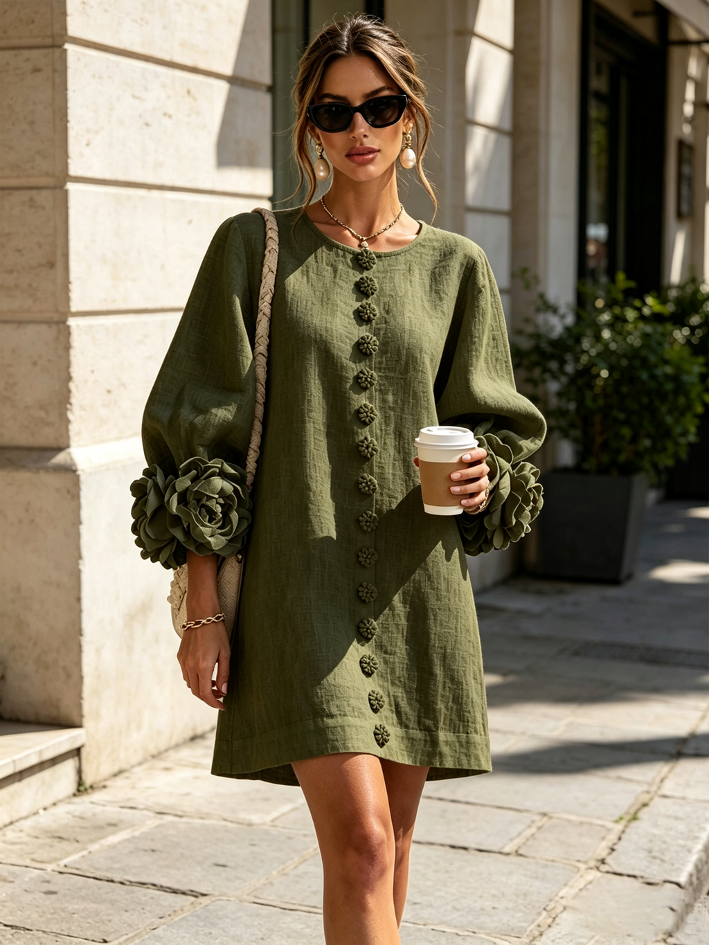 Women's Linen-Look Puff Sleeve Button-Front Mini Shift Dress