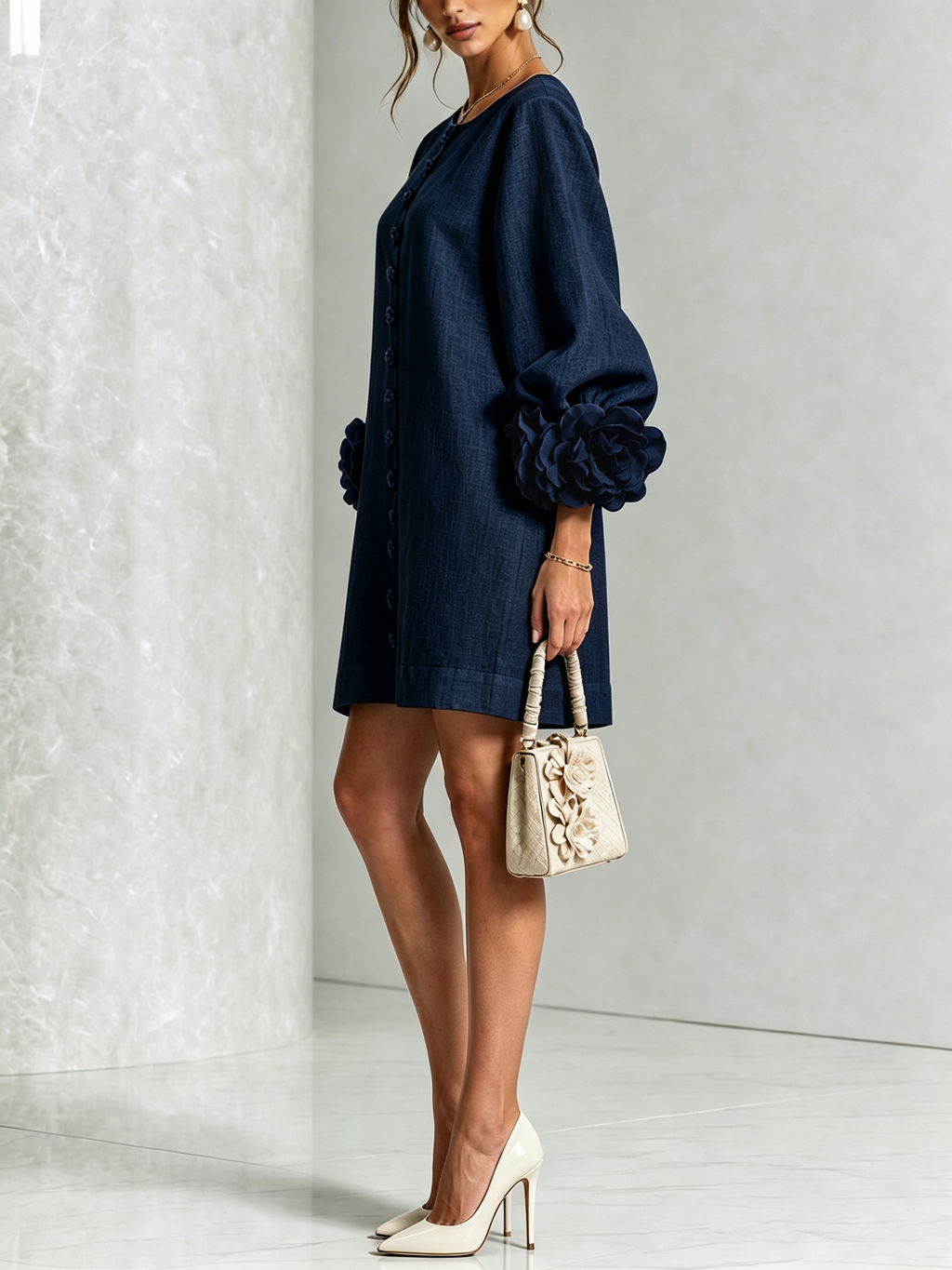 Women's Linen-Look Puff Sleeve Button-Front Mini Shift Dress