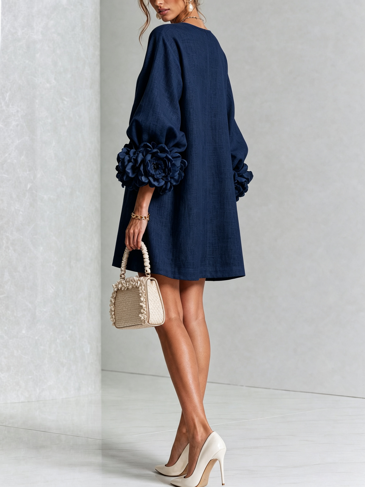 Women's Linen-Look Puff Sleeve Button-Front Mini Shift Dress