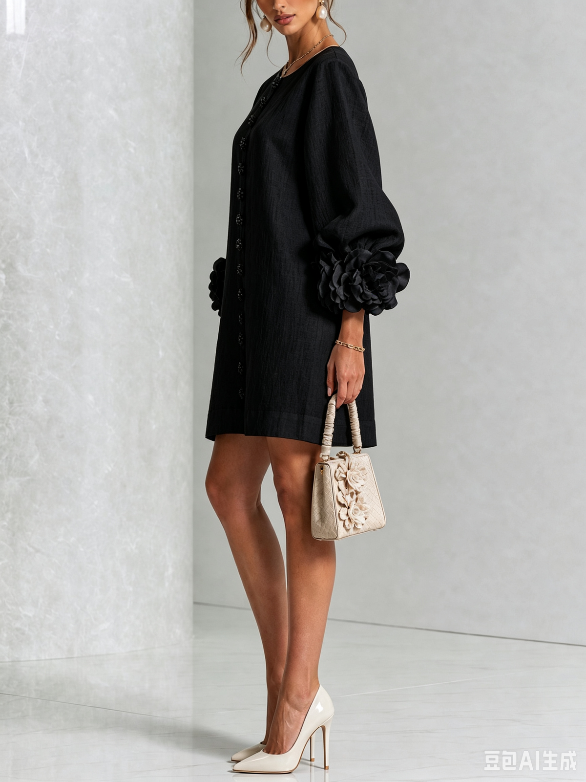 Women's Linen-Look Puff Sleeve Button-Front Mini Shift Dress