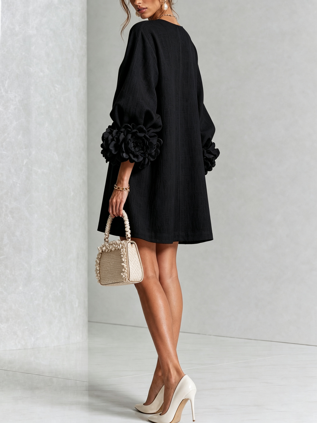 Women's Linen-Look Puff Sleeve Button-Front Mini Shift Dress