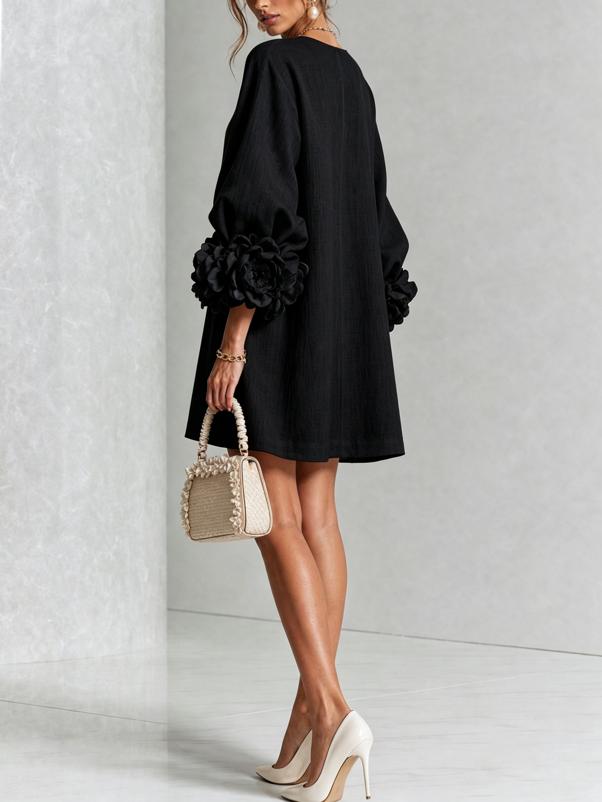 Women's Linen-Look Puff Sleeve Button-Front Mini Shift Dress