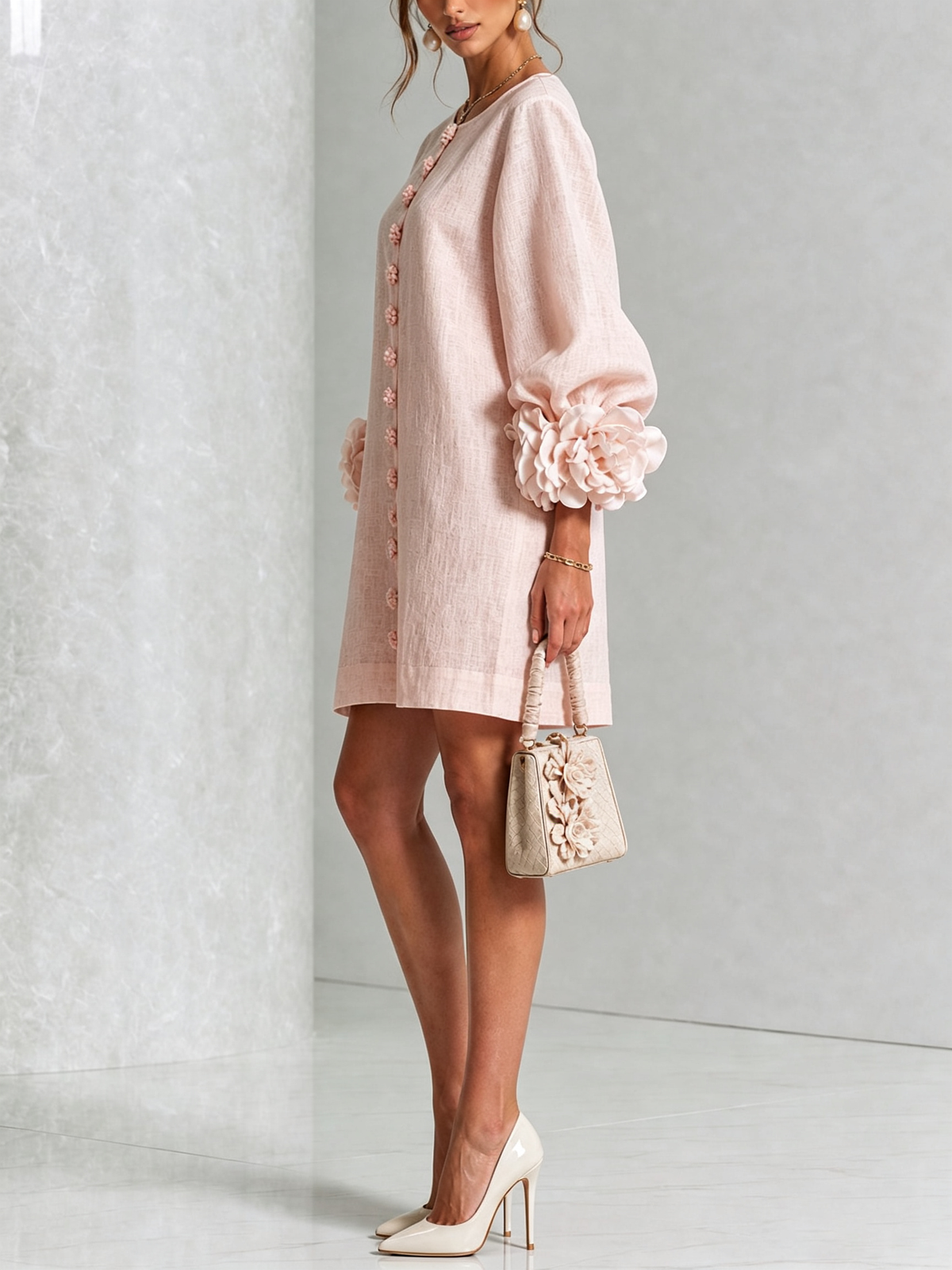 Women's Linen-Look Puff Sleeve Button-Front Mini Shift Dress