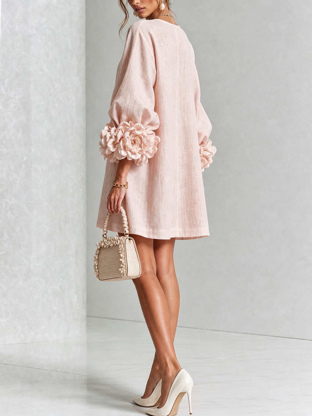 Women's Linen-Look Puff Sleeve Button-Front Mini Shift Dress