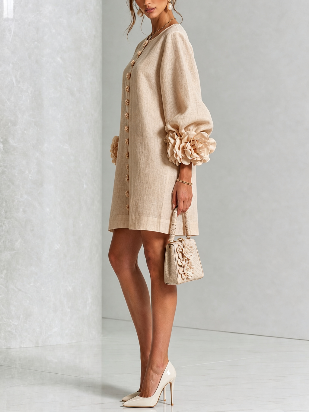 Women's Linen-Look Puff Sleeve Button-Front Mini Shift Dress
