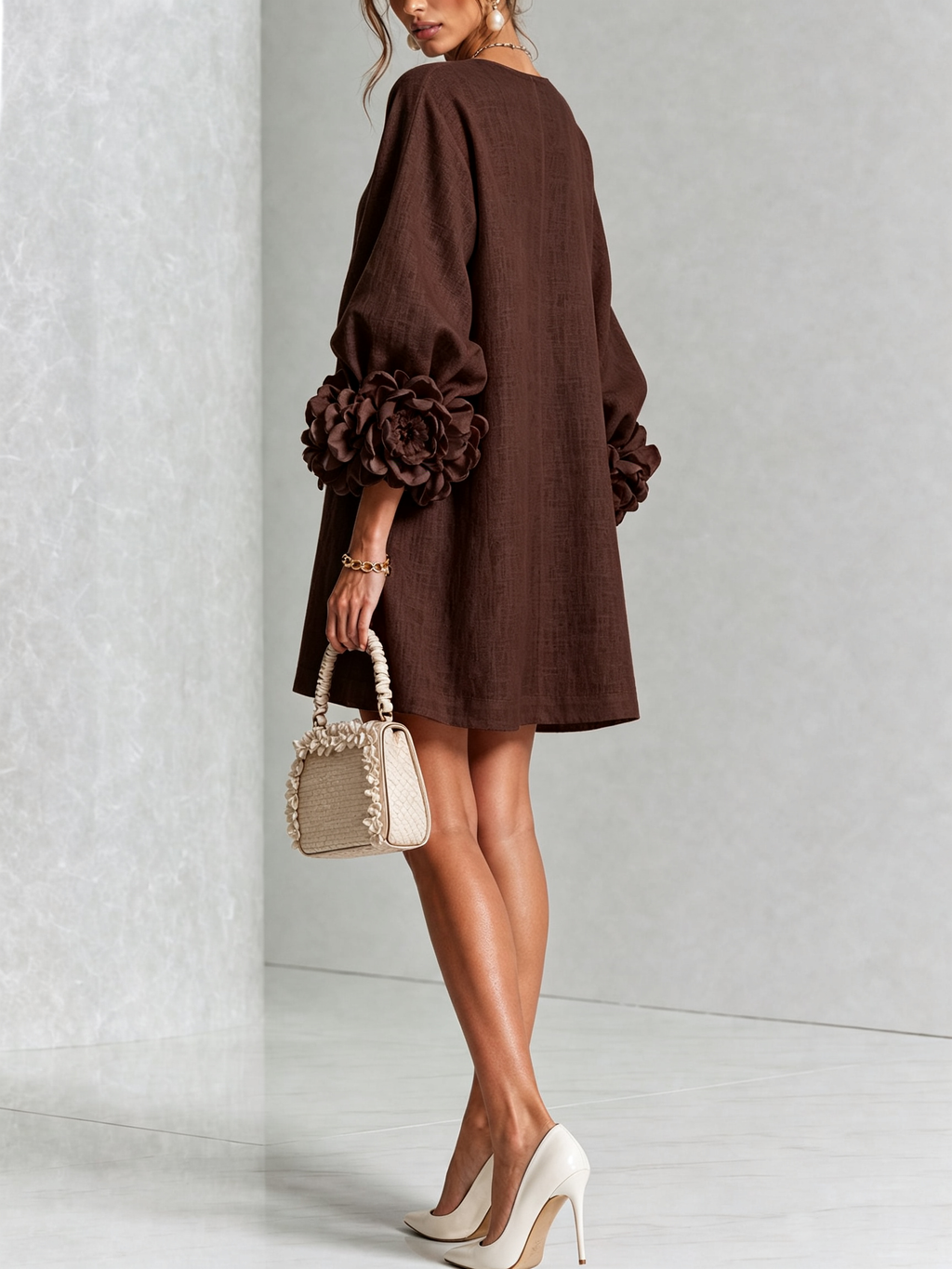 Women's Linen-Look Puff Sleeve Button-Front Mini Shift Dress