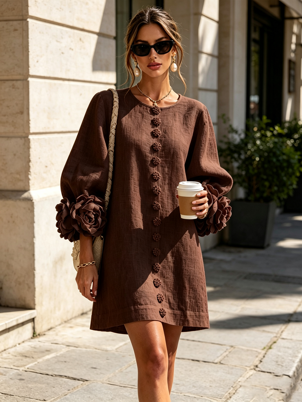 Women's Linen-Look Puff Sleeve Button-Front Mini Shift Dress
