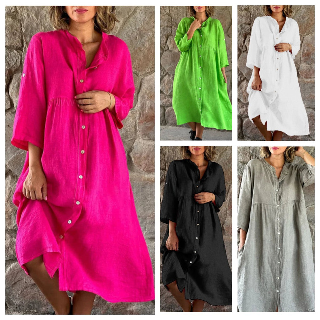 Women's linen-look button-front midi dress with stand collar and 3/4 sleeves