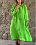 Women's Linen-Look Stand Collar Button-Front Midi Dress