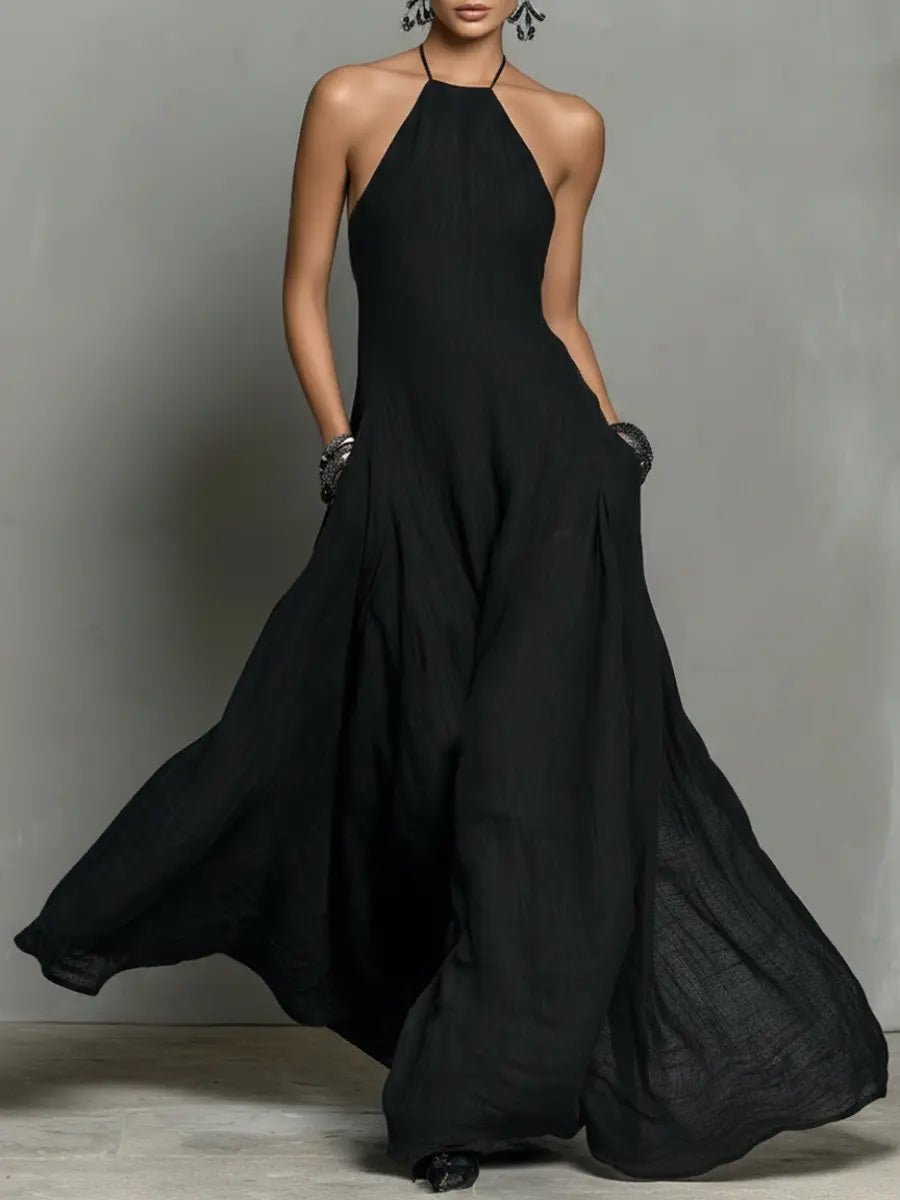 Women's linen-look sleeveless halter neck maxi dress with tie back