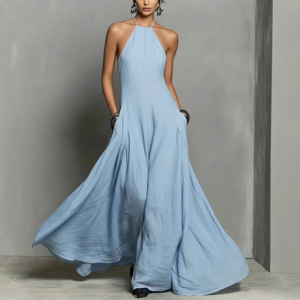 Women's Linen-Look Tie-Back Halter Neck Maxi Dress