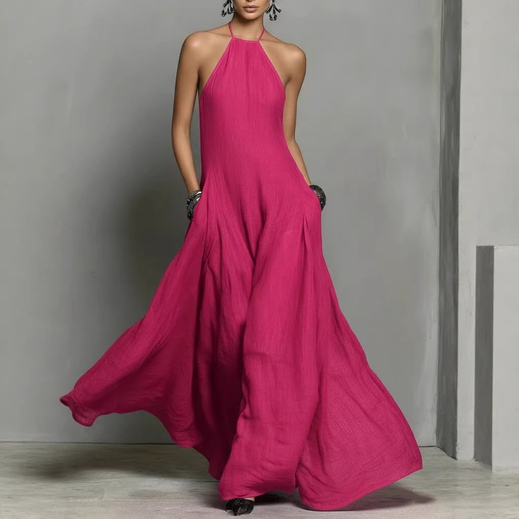 Women's Linen-Look Tie-Back Halter Neck Maxi Dress