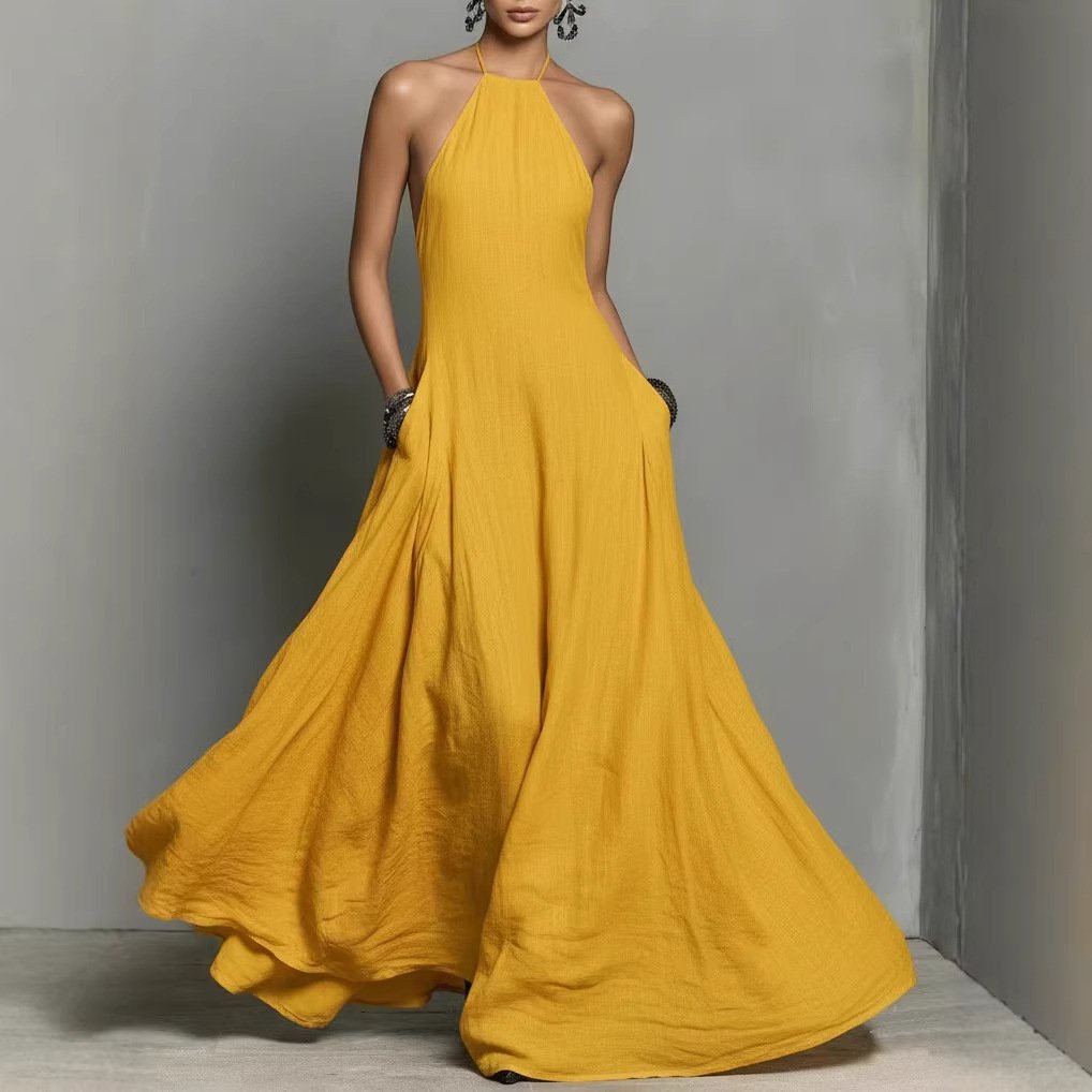 Women's Linen-Look Tie-Back Halter Neck Maxi Dress