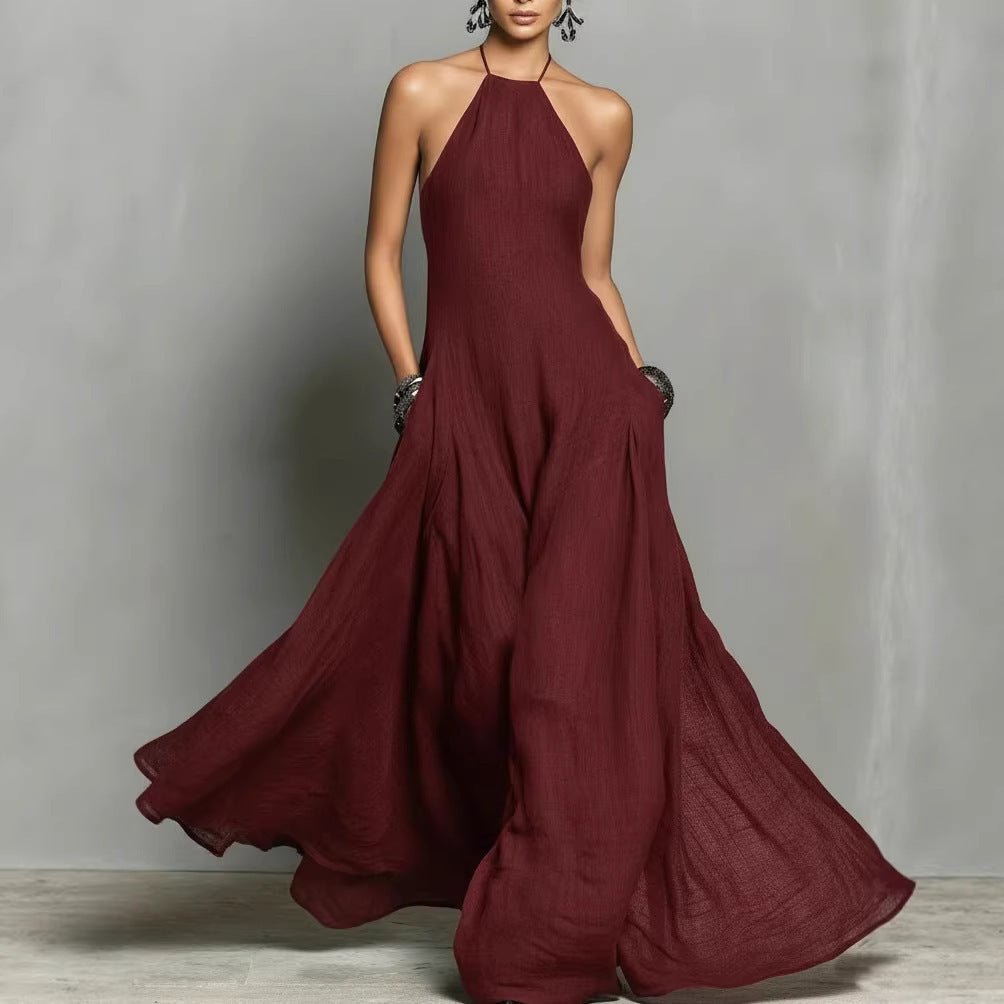 Women's Linen-Look Tie-Back Halter Neck Maxi Dress