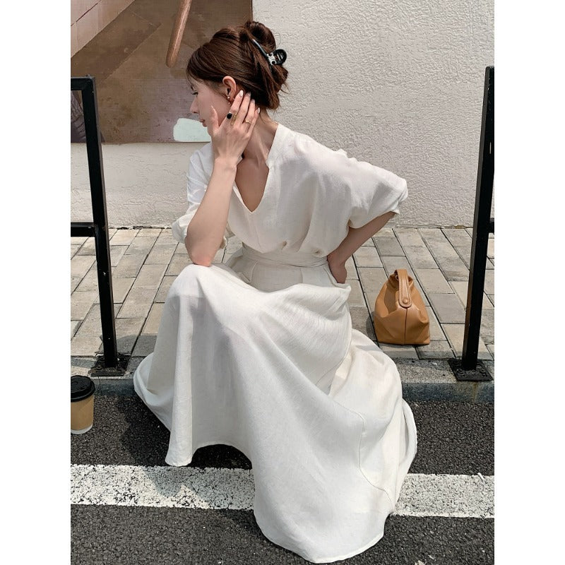 Women's white linen-look V-neck A-line midi dress with fitted waist and short sleeves