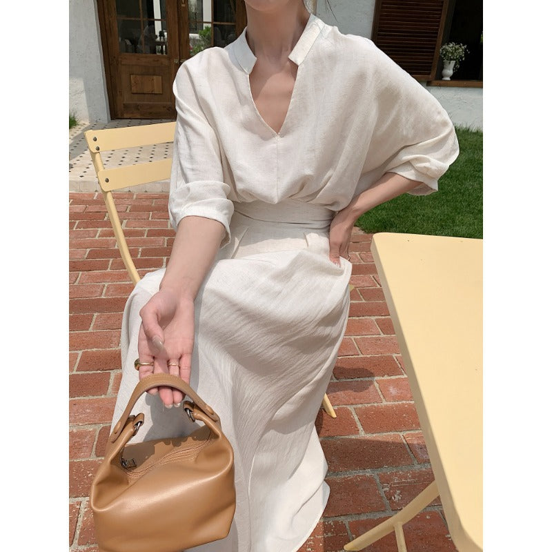 Women's linen-look V-neck midi dress – alternate view
