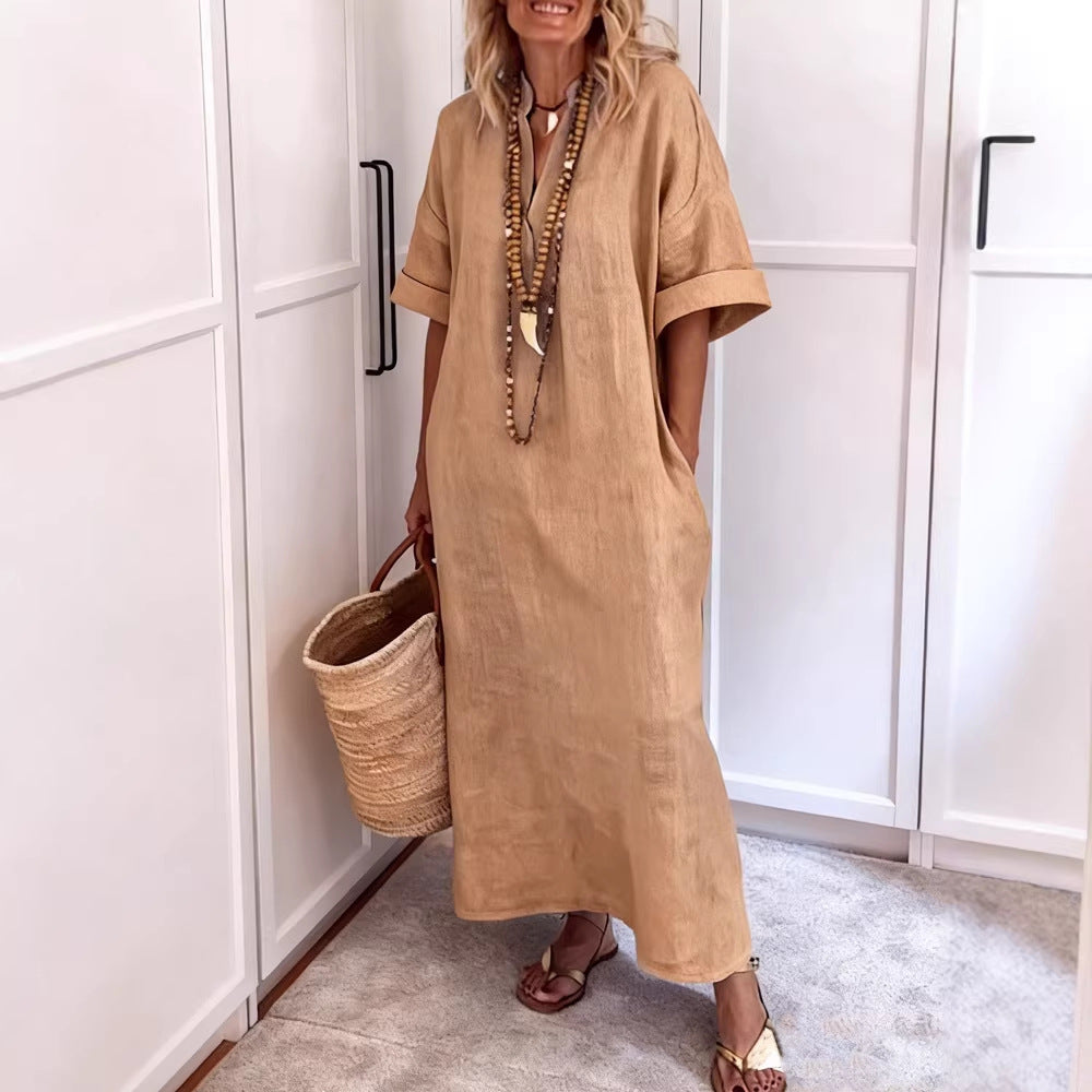 Linen-look V-neck maxi dress – colour option