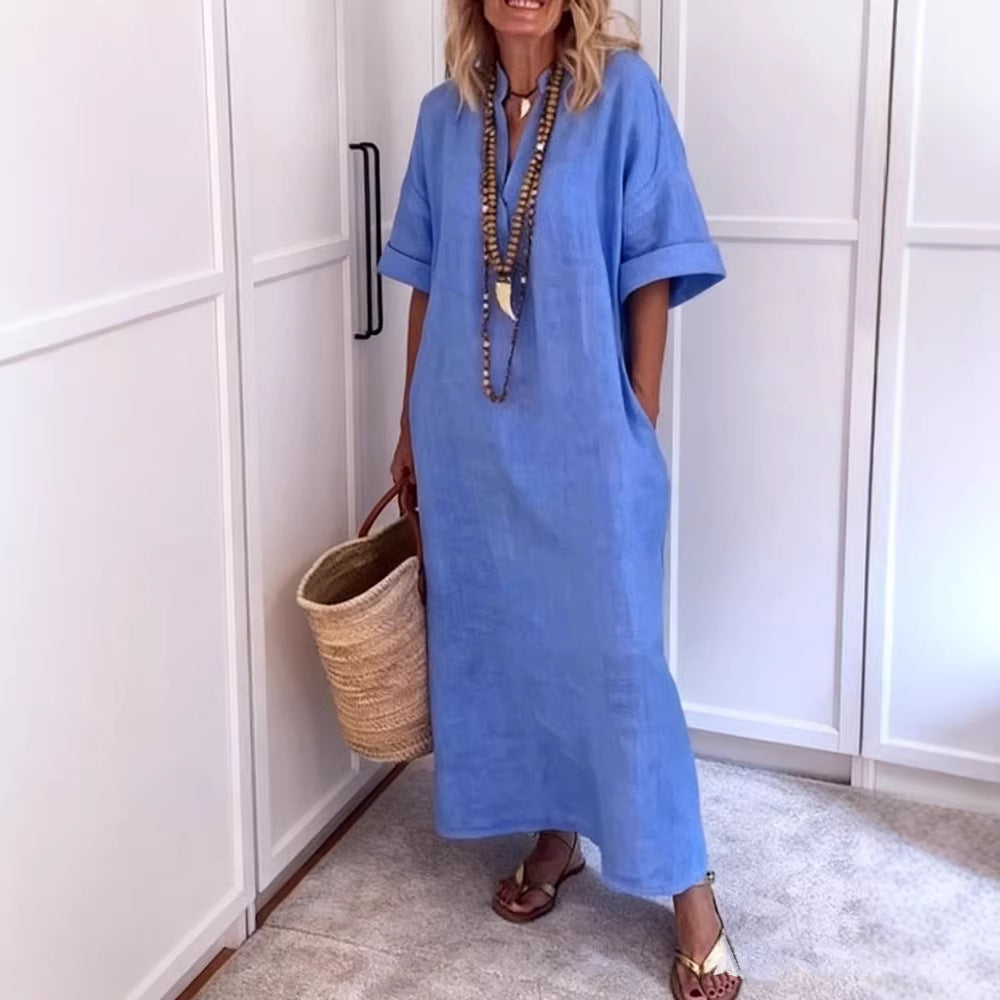 Linen-look V-neck maxi dress – colour option