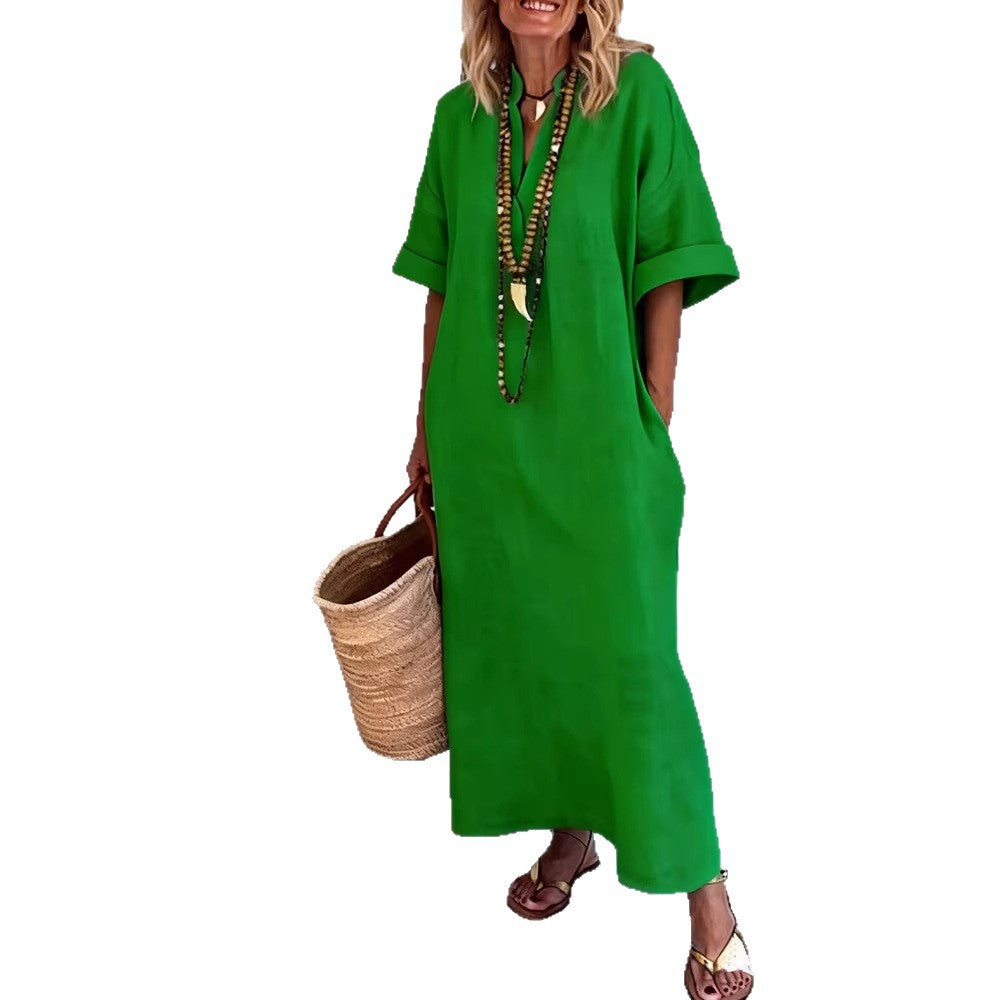 Linen-look V-neck maxi dress – colour option