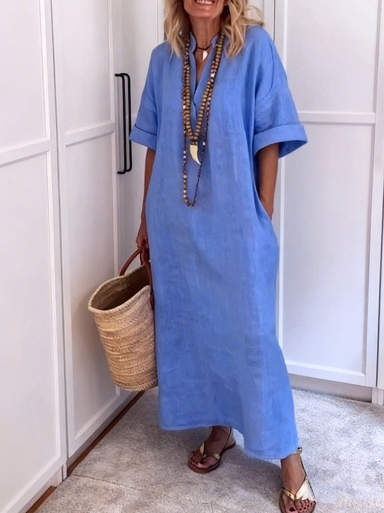 Linen-look V-neck maxi dress – detail view