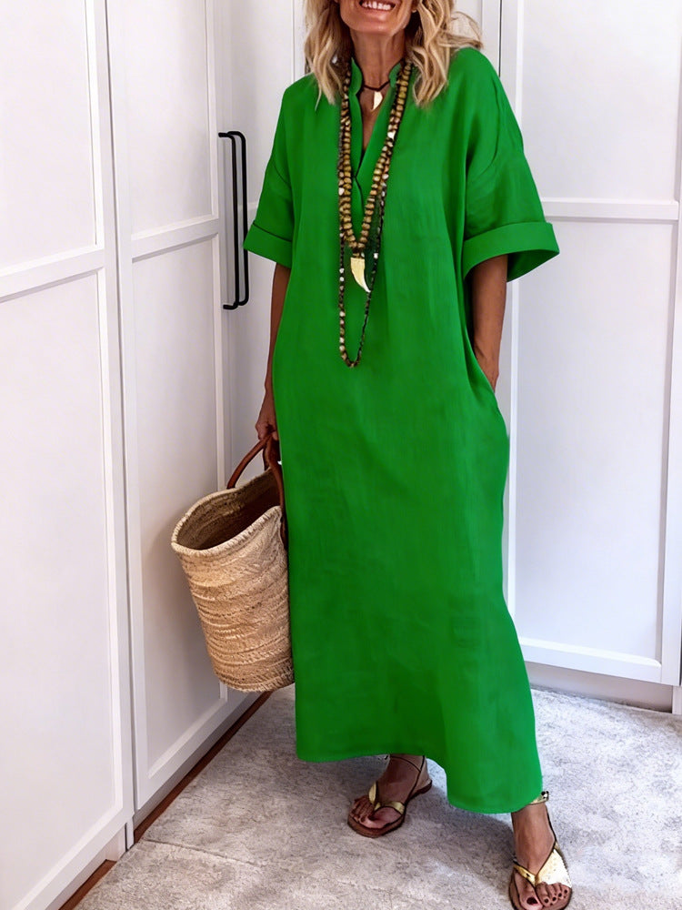 Women's Linen-Look V-Neck Maxi Dress with Pockets