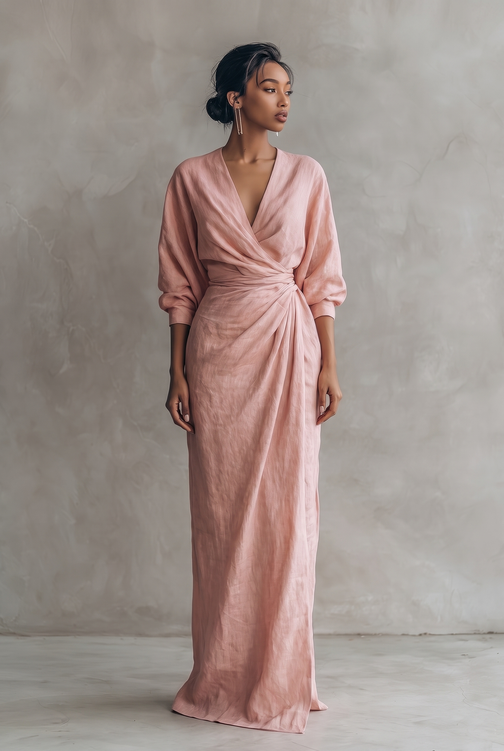 Women's linen-look V-neck pull-on maxi dress