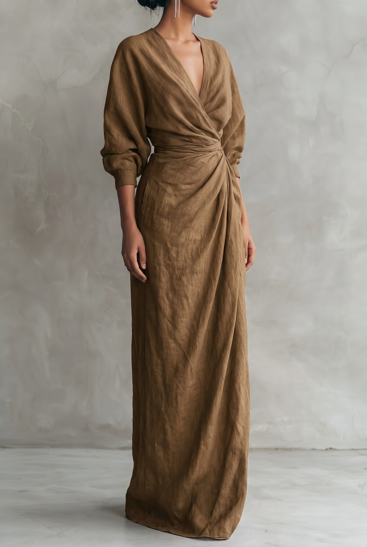 Women's linen-look V-neck maxi dress – colour option