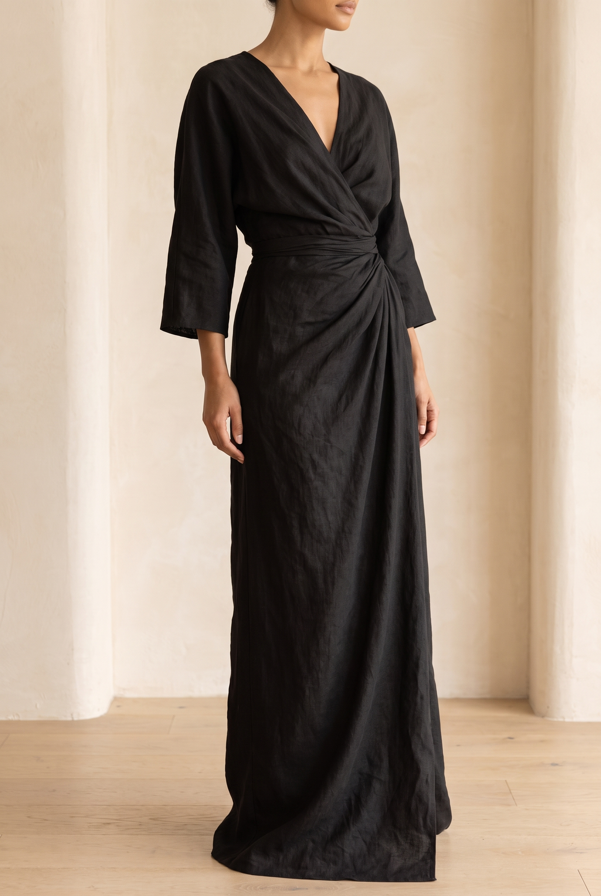 Women's linen-look V-neck maxi dress – colour option