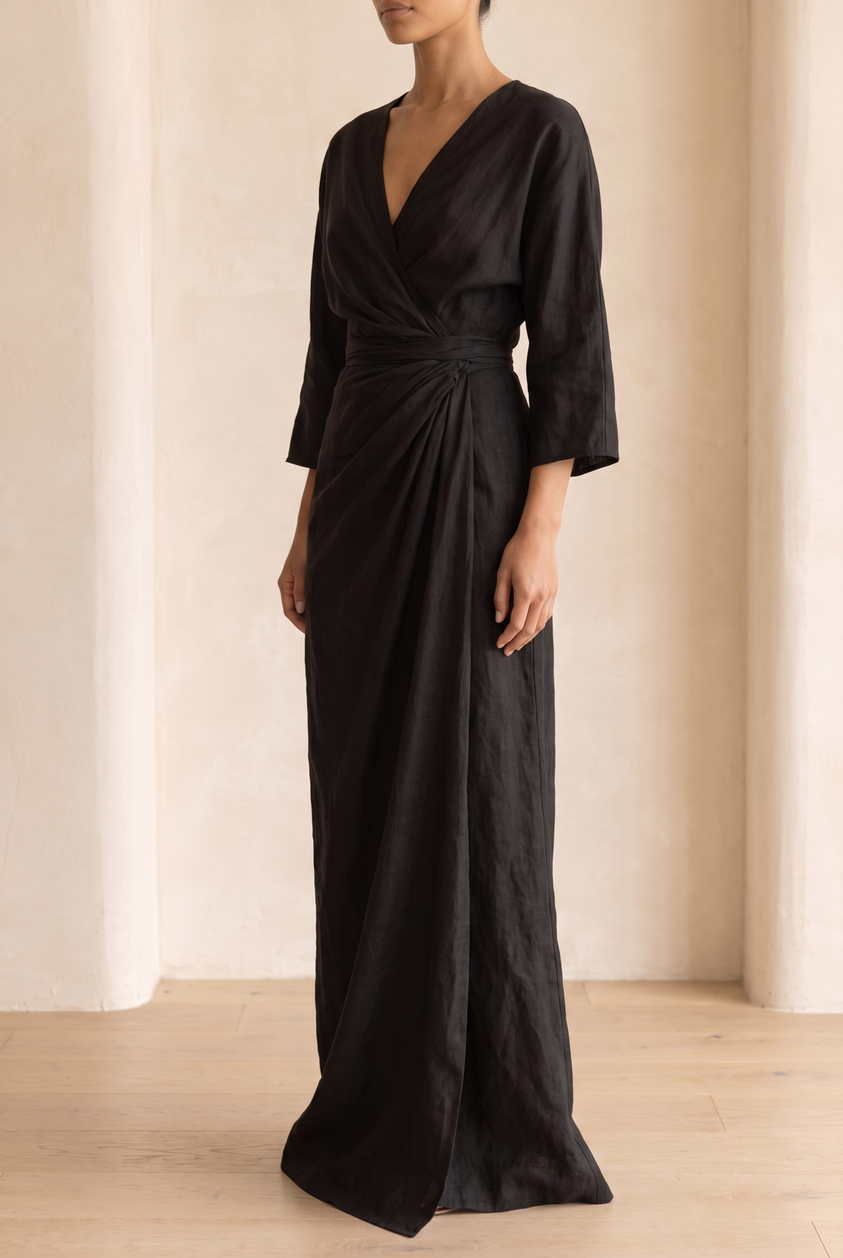 Women's Linen-Look V-Neck Pull-On Maxi Dress