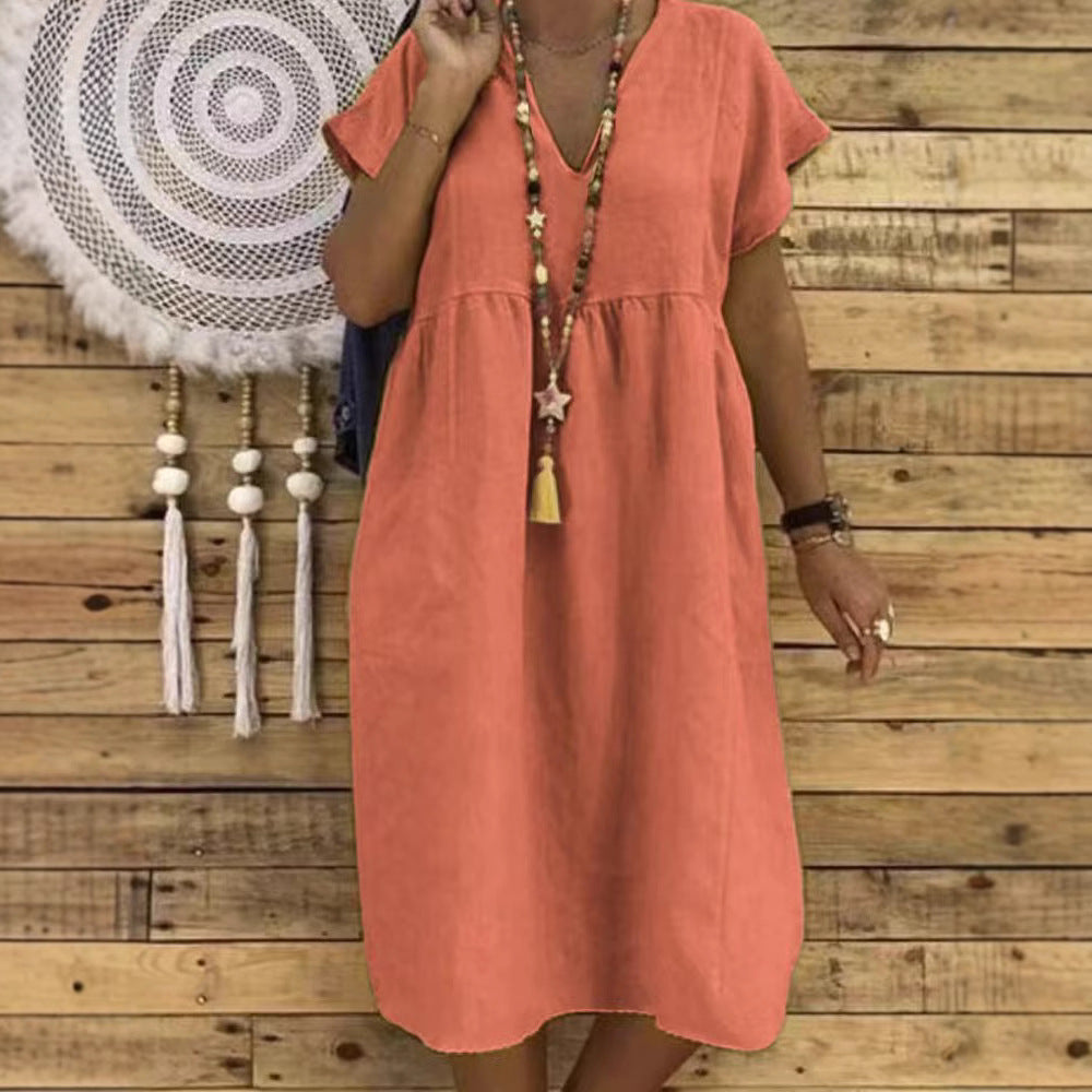 Women's linen-look V-neck maxi dress with ruffle details