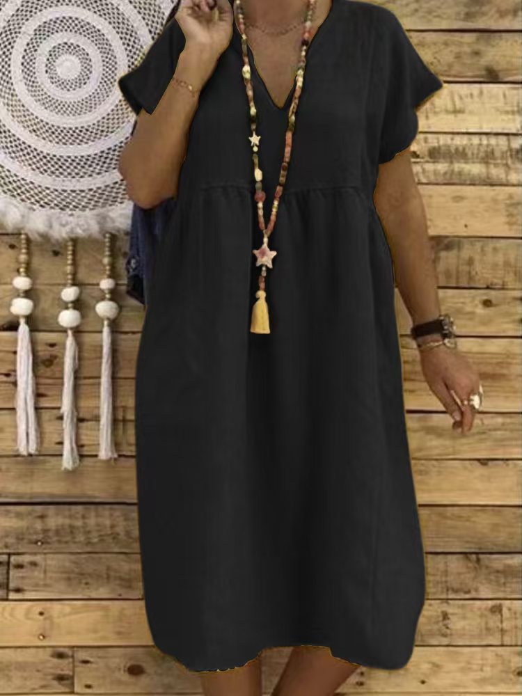 Women's Linen-Look V-Neck Ruffle Maxi Dress