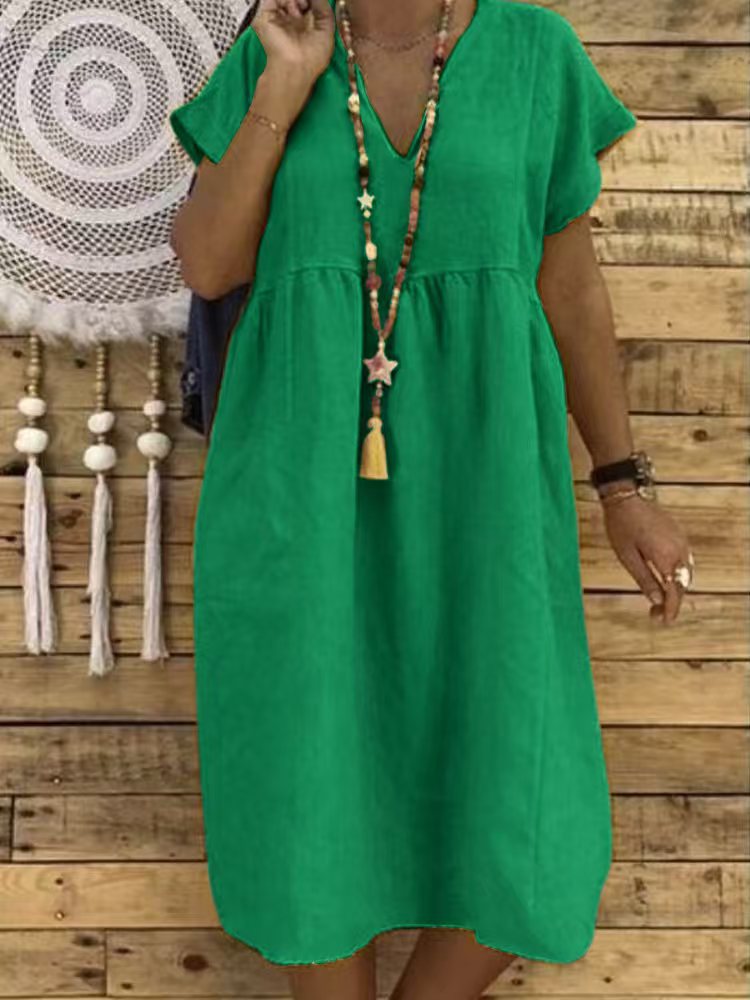 Women's Linen-Look V-Neck Ruffle Maxi Dress