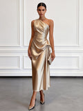Women's one-shoulder ruched midi dress