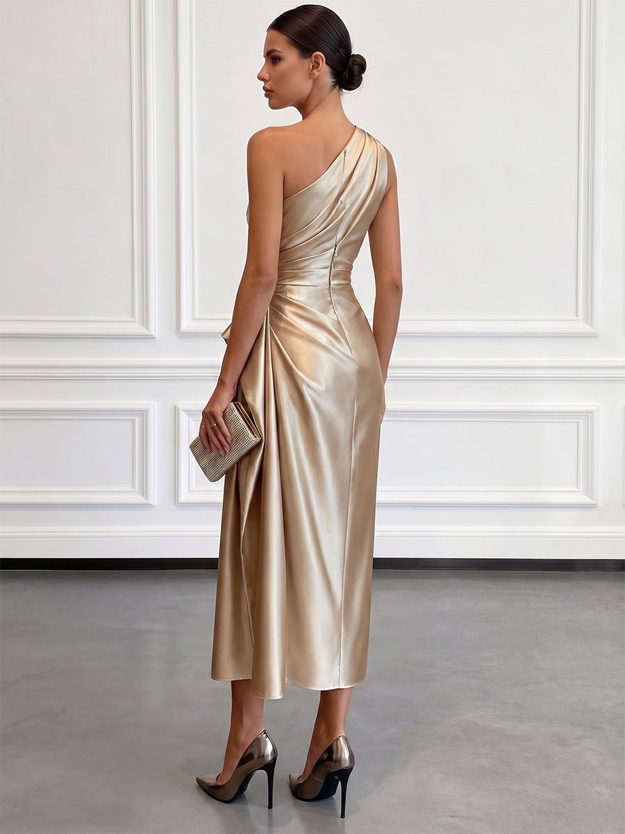 One-shoulder ruched midi dress – colour option