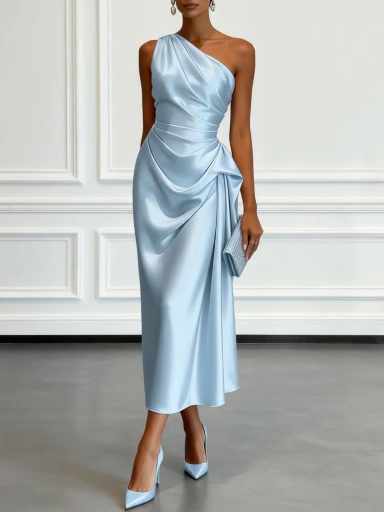 One-shoulder ruched midi dress – colour option