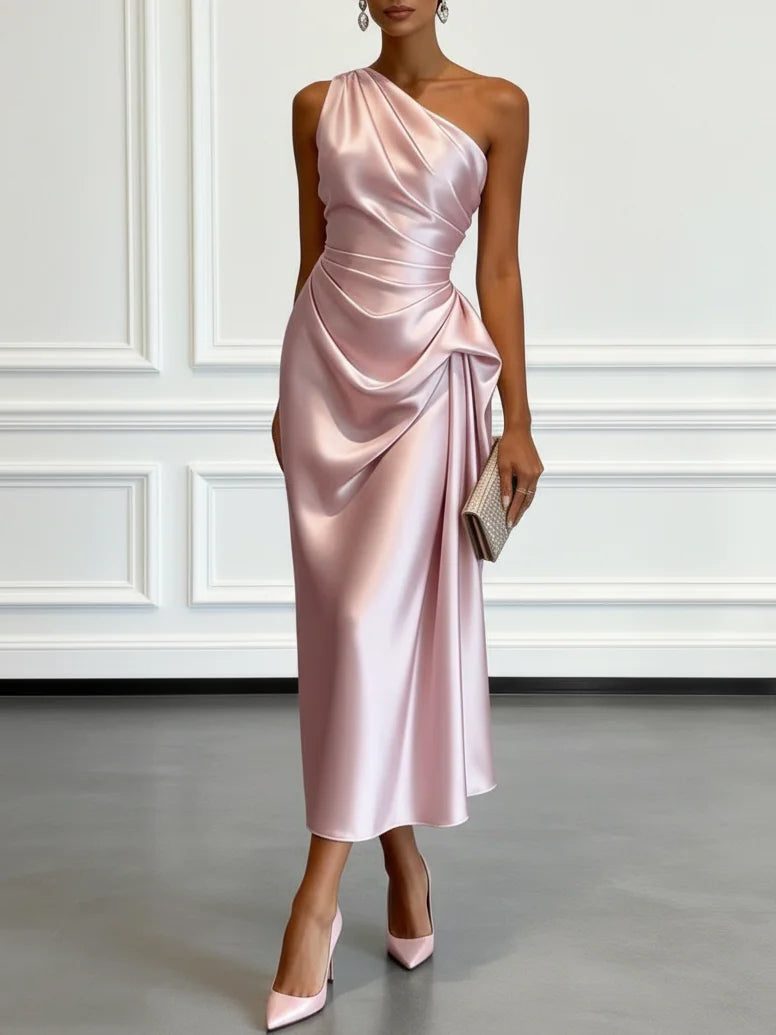 One-shoulder ruched midi dress – colour option