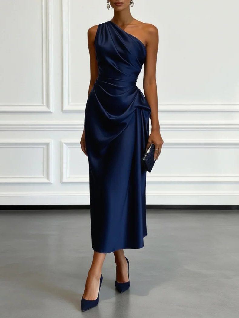 One-shoulder ruched midi dress – colour option