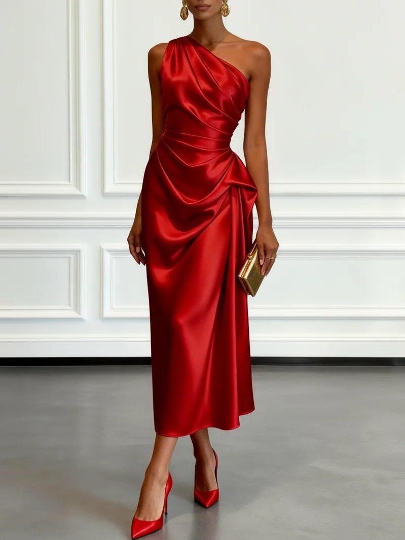 One-shoulder ruched midi dress – detail view