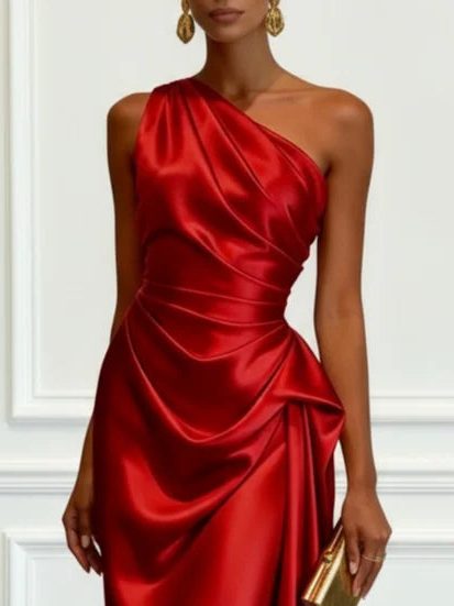 Women's One-Shoulder Ruched Midi Dress