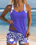 Women's open-back tankini top with U-neck and boxer-style swim shorts