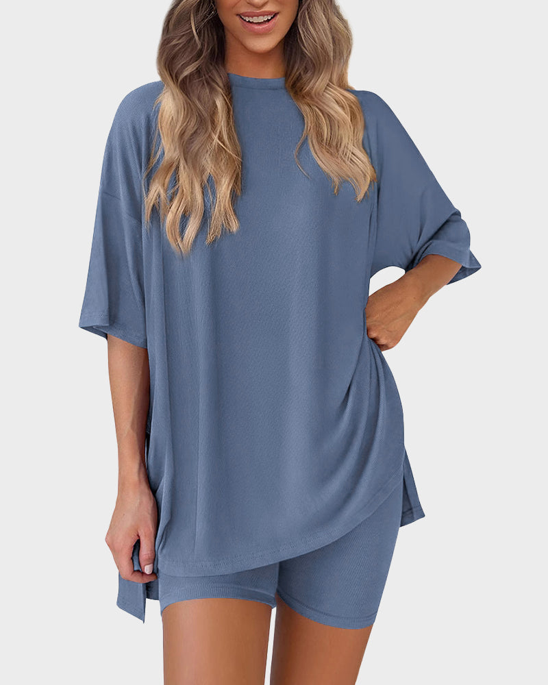 Women's oversized split-hem tee and shorts lounge set