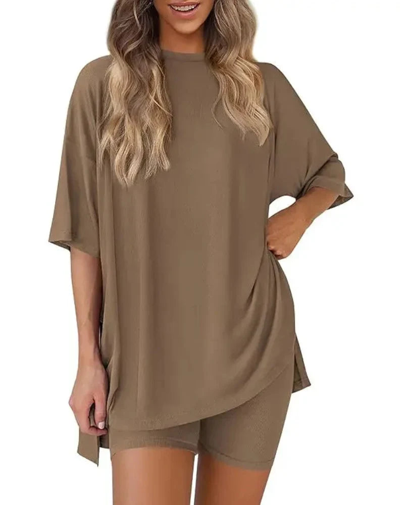 Women's Oversized Split-Hem Tee and Shorts Lounge Set