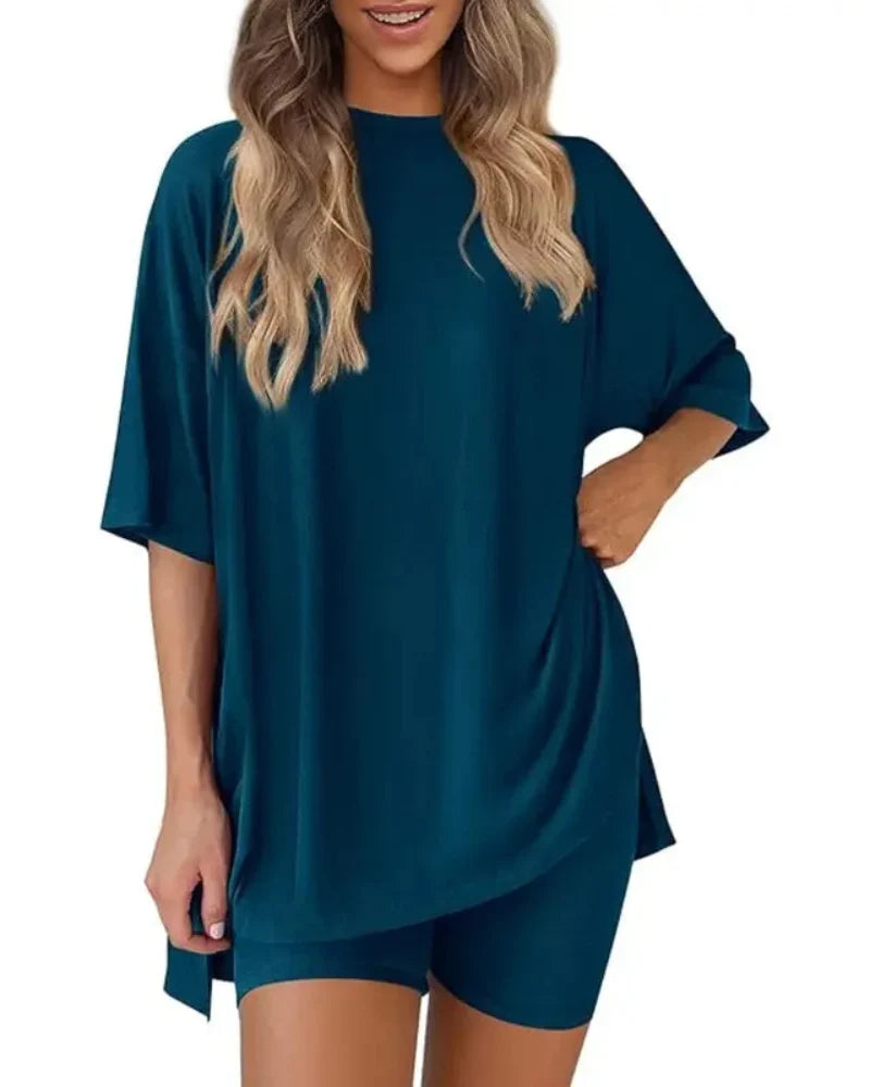 Women's Oversized Split-Hem Tee and Shorts Lounge Set