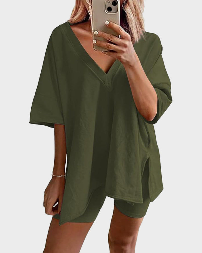 Women's Oversized Split-Hem Tee and Shorts Lounge Set