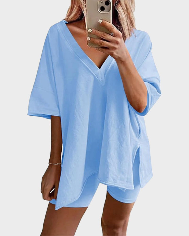 Women's Oversized Split-Hem Tee and Shorts Lounge Set