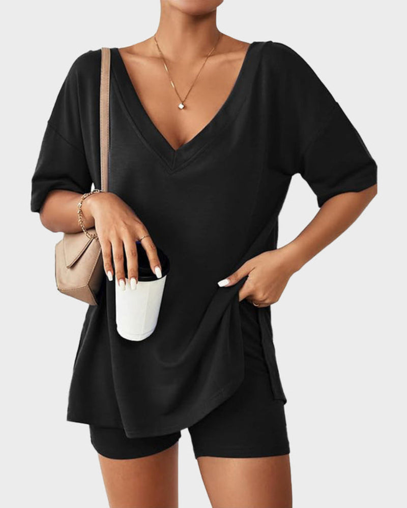 Women's Oversized Split-Hem Tee and Shorts Lounge Set