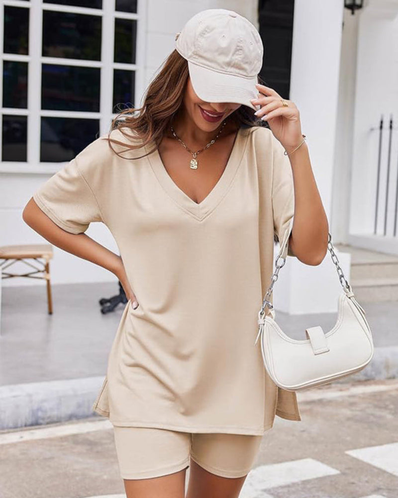 Women's Oversized Split-Hem Tee and Shorts Lounge Set