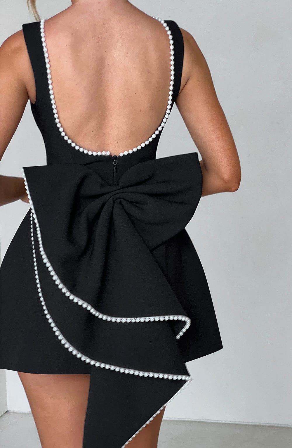 Women's Pearl Trim A-Line Mini Dress with Back Bow