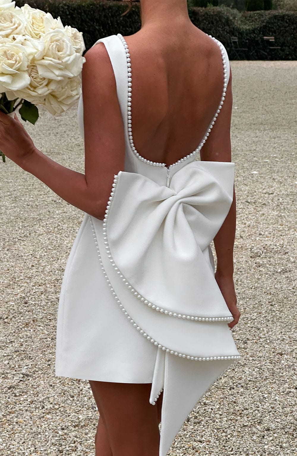 Women's Pearl Trim A-Line Mini Dress with Back Bow