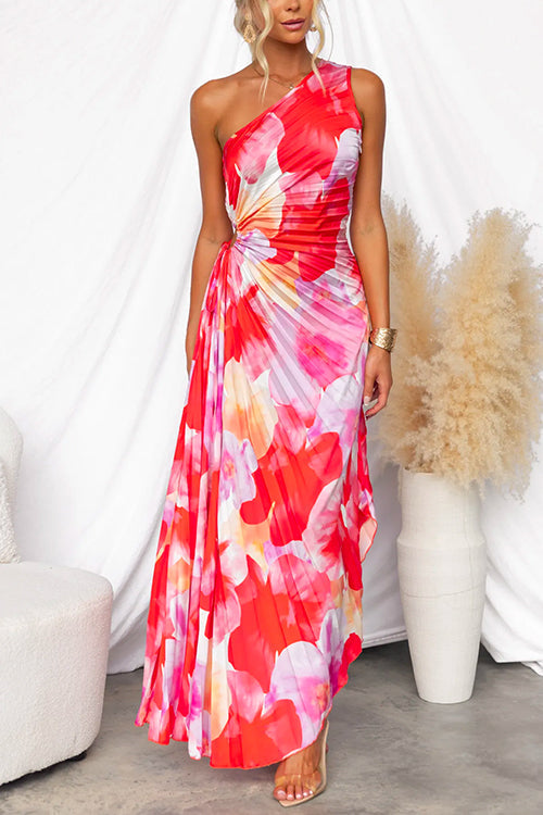 Women's pleated one-shoulder dress with asymmetric hem